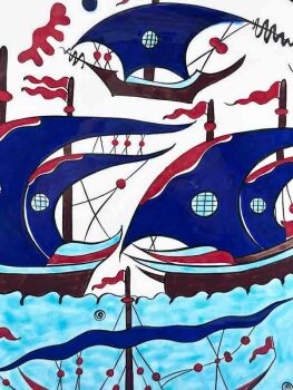 Gemili İznik Çini Tabak 30 cm – El Yapımı Osmanlı Yelkenli Motif - 2