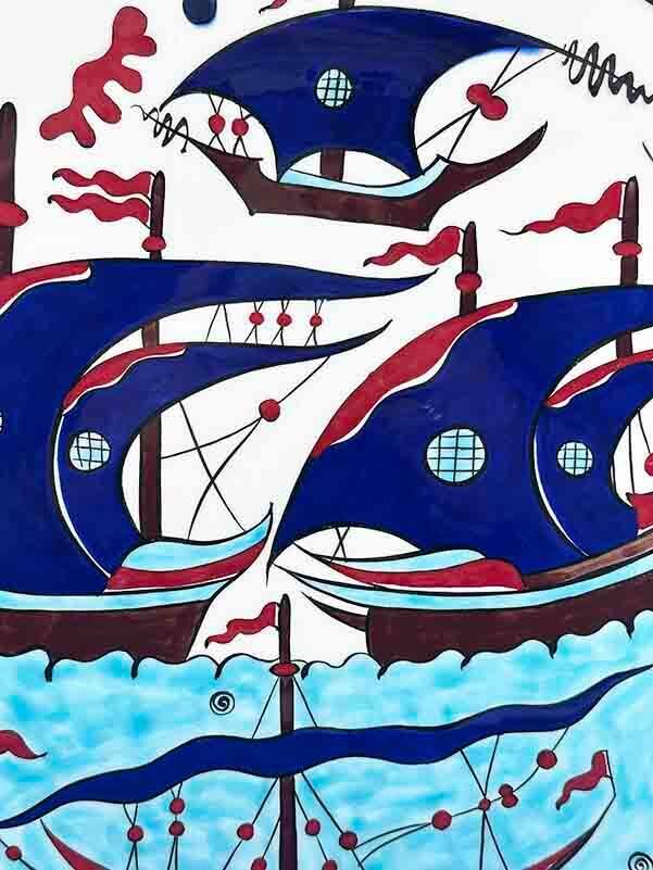 Gemili İznik Çini Tabak 30 cm – El Yapımı Osmanlı Yelkenli Motif - 2