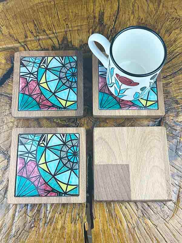 Geometric Patterned Wooden Coaster Set - 2