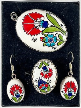 Gift for a Friend Red Tulip Patterned Iznik Jewelry Set - 1