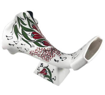 Gramophone acoustique en céramique d’Iznik à motif de tulipes et notes de musique - Çini Evi
