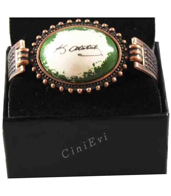 Green Background Ataturk Signature Ceramic Bracelet - 1