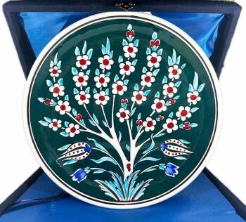 Green Background Tree of Life Pattern 25 cm Iznik Ceramic Plate - Çini Evi