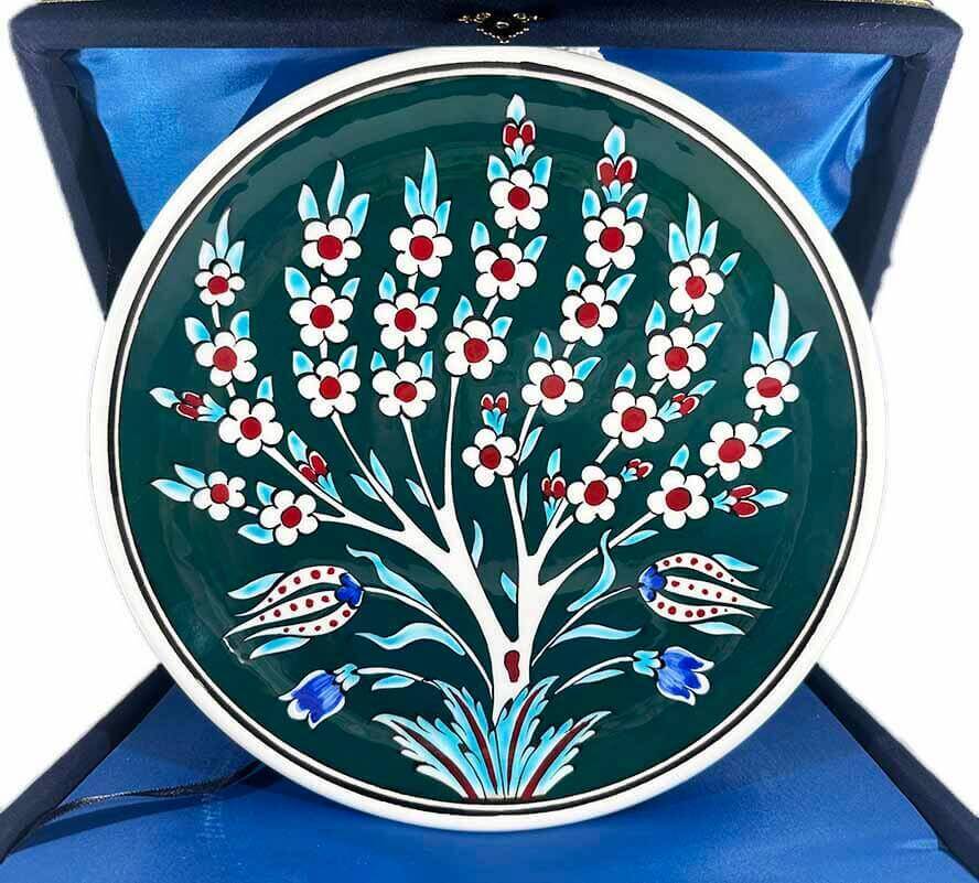 Green Background Tree of Life Pattern 25 cm Iznik Ceramic Plate - 1