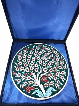Green Background Tree of Life Patterned 30cm Iznik Ceramic Plate - 3