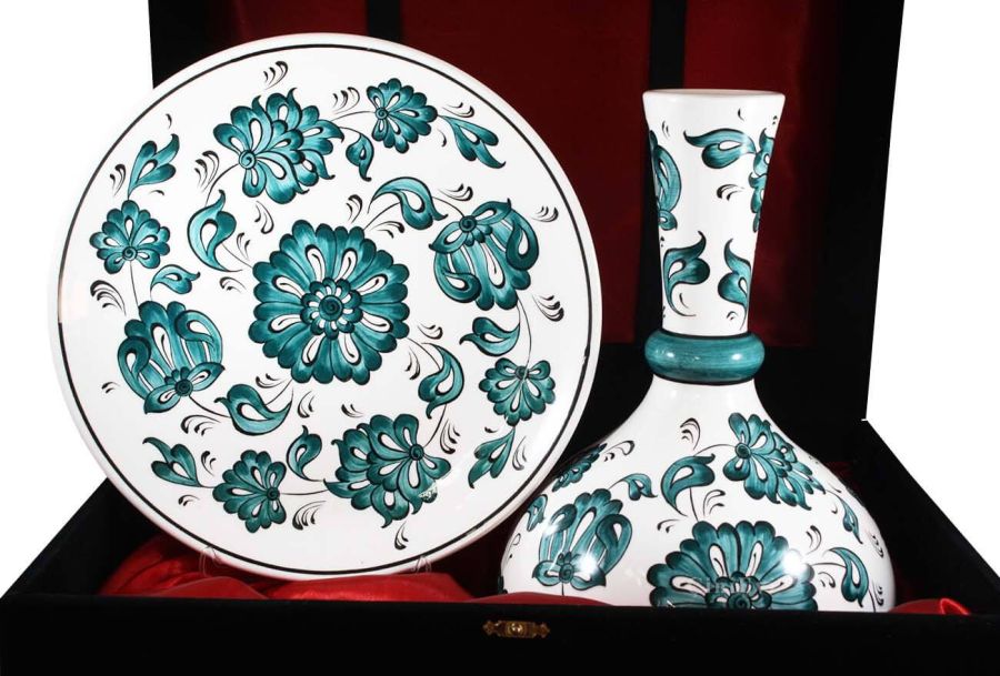 Grüner Lotos gemusterter Vase-Platten-Set - 1