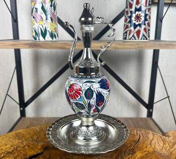 Gümüş Kaplama Lale ve Nar Desenli İznik Çini İbrik Seti - Çini Evi