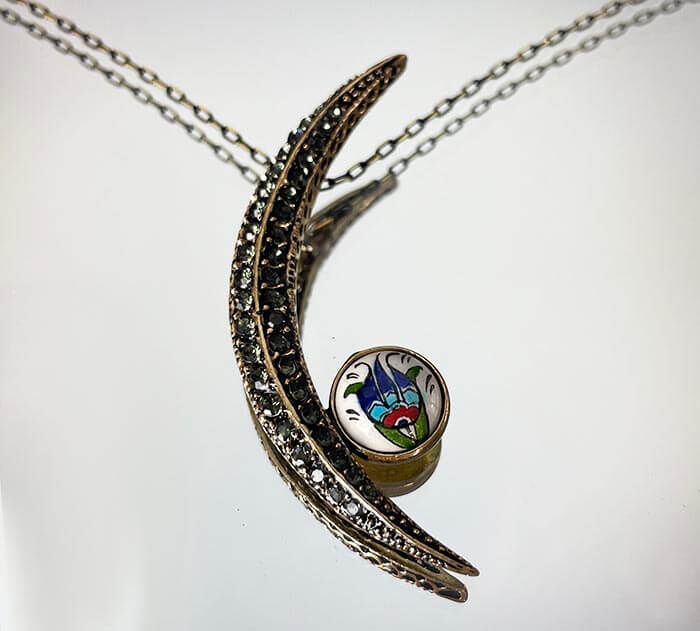Half Moon Iznik Tiled Bronze Necklace with Anemone Motif - 1