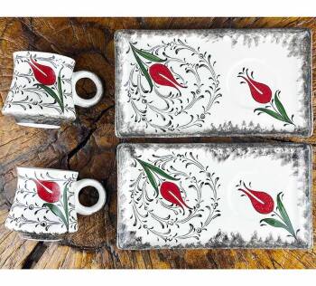 Halic Pattern Red Tulip Ceramic Coffee Presentation Set - Elegant Design - Çini Evi