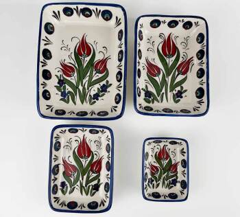 Handgefertigtes 4-teiliges Keramik-Servierschalen-Set mit Palasttulpen-Motiv - Çini Evi