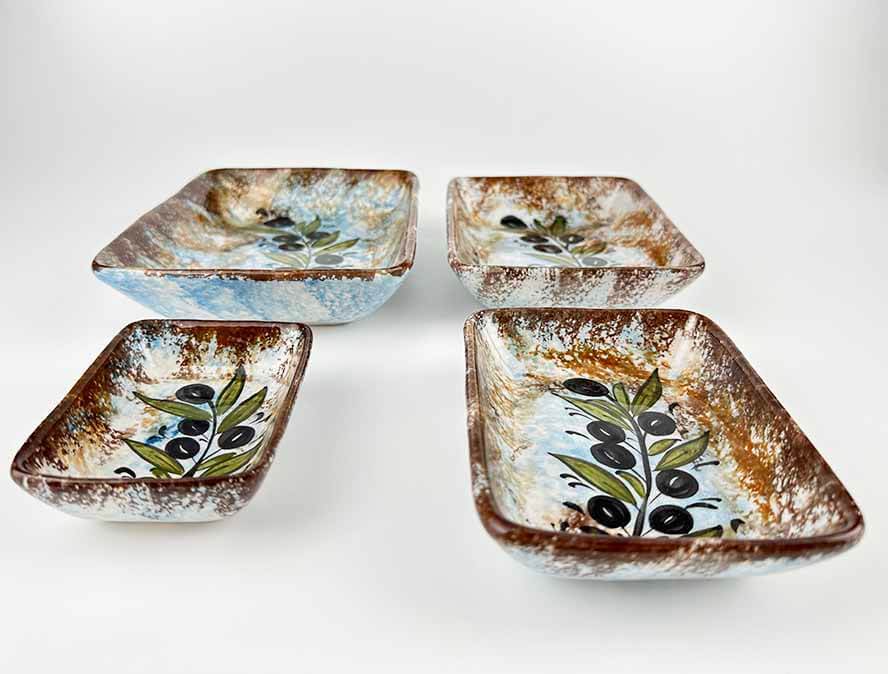 Handgefertigtes 4-teiliges Keramik-Servierschalen-Set mit rustikalem Olivenzweig-Motiv - 3
