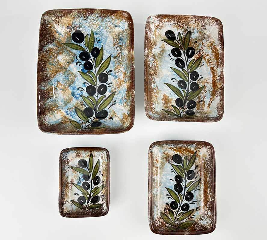 Handgefertigtes 4-teiliges Keramik-Servierschalen-Set mit rustikalem Olivenzweig-Motiv - 1