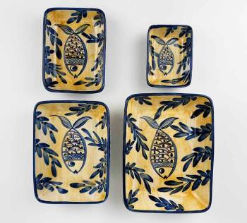 Handgefertigtes 4-teiliges Servierschalen-Set mit ägäischem Fischmotiv - Çini Evi