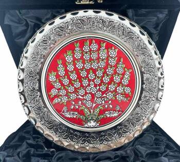 Hayat Ağacı Motifli Gümüş Tabak 25cm - Çini Evi