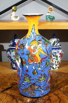 Hunting Scene Iznik Ceramic Vase - Çini Evi