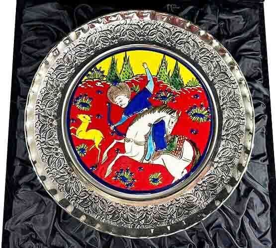 Hunting Scene Motif Silver Iznik Ceramic Plate - 3
