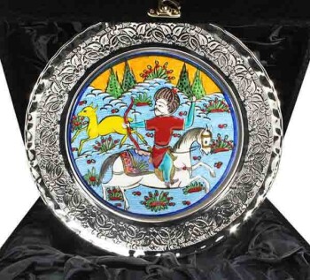 Hunting Scene Motif Silver Ceramic Plate - Çini Evi