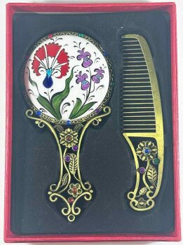 Hyacinth & Carnation Patterned Mirror and Comb Set – Inspired by Iznik Tile Art - Çini Evi