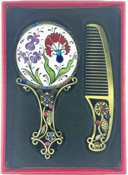 Hyacinth & Carnation Patterned Mirror and Comb Set – Ottoman-Inspired Iznik Ceramic Design - Çini Evi