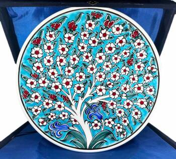 Infinity of Life Turquoise Background Tree of Life Ceramic Plate - Çini Evi