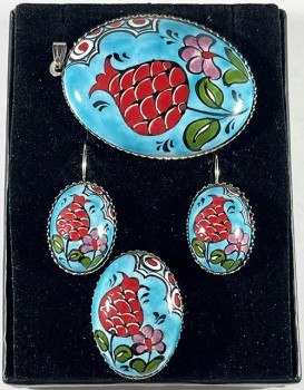 Iznik-Keramik-Schmuckset mit Frühlingsmotiv auf türkisfarbenem Grund - 1