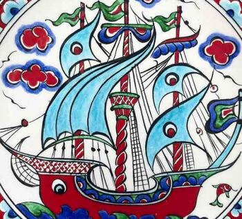 Iznik-Keramikteller mit Galeonenmotiv und türkisfarbenen Segeln 18 cm - 3