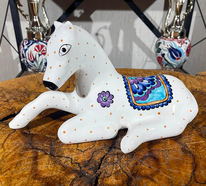 Iznik Tile Horse Figurine with Lotus Motif - 1