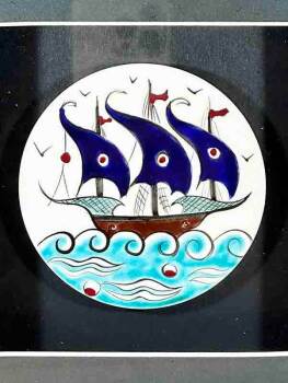 Iznik Tile Ottoman Galleon Motif Plaque with Passe-Partout Design - Çini Evi (1)