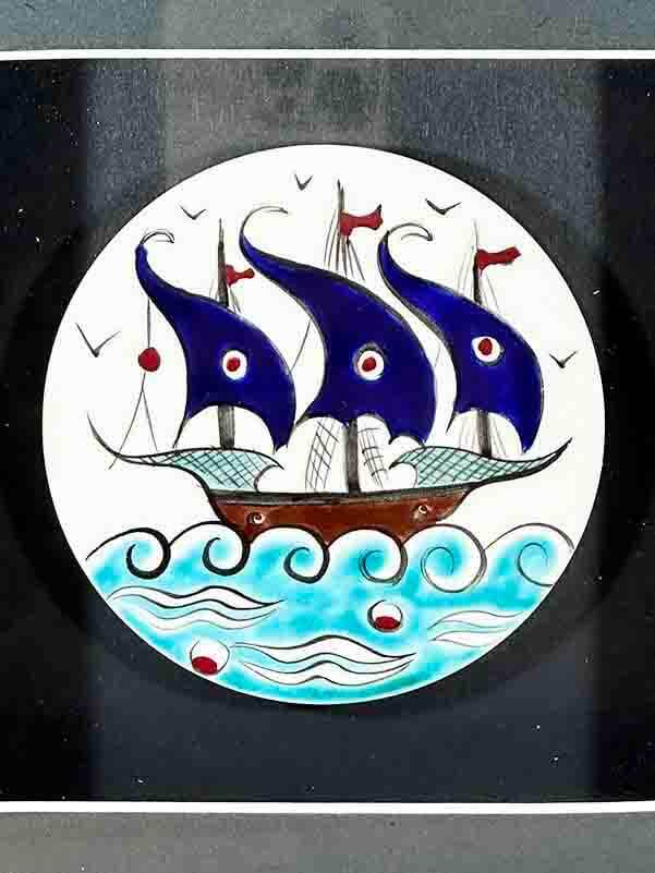 Galleon Motif Matted Iznik Ceramic Plaque - 2