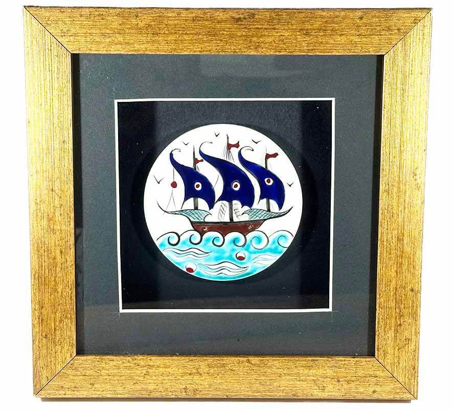 Galleon Motif Matted Iznik Ceramic Plaque - 1