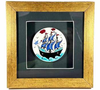 Galleon Motif Matted Iznik Ceramic Plaque - Çini Evi