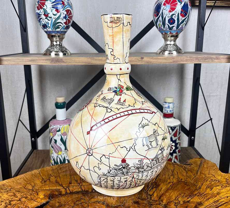 Iznik Tile Vase | Piri Reis Map 30 cm - 5