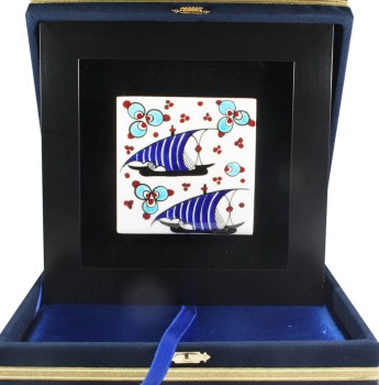 Kalyon Motifli Paspartulu Plaket - Çini Evi