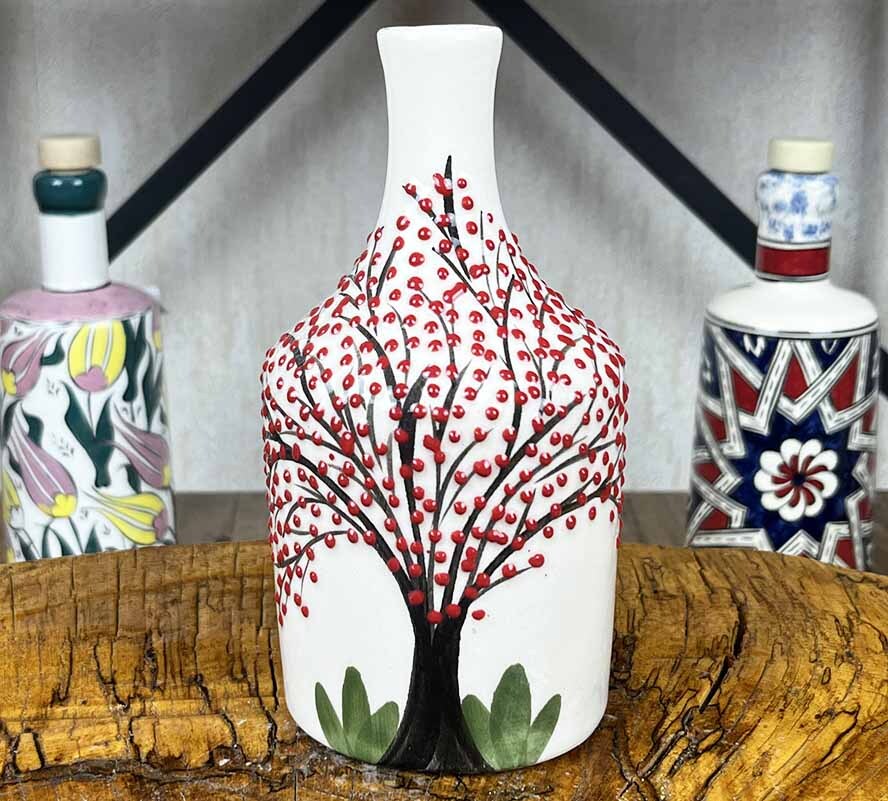 Kiraz Ağacı Desenli El İşi Zeytinyağı Şişesi 410 ml - 1