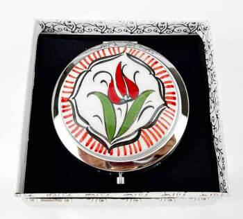 Kırmızı Bordürlü Lale Motifli İznik Çini Makyaj Aynası - Çini Evi