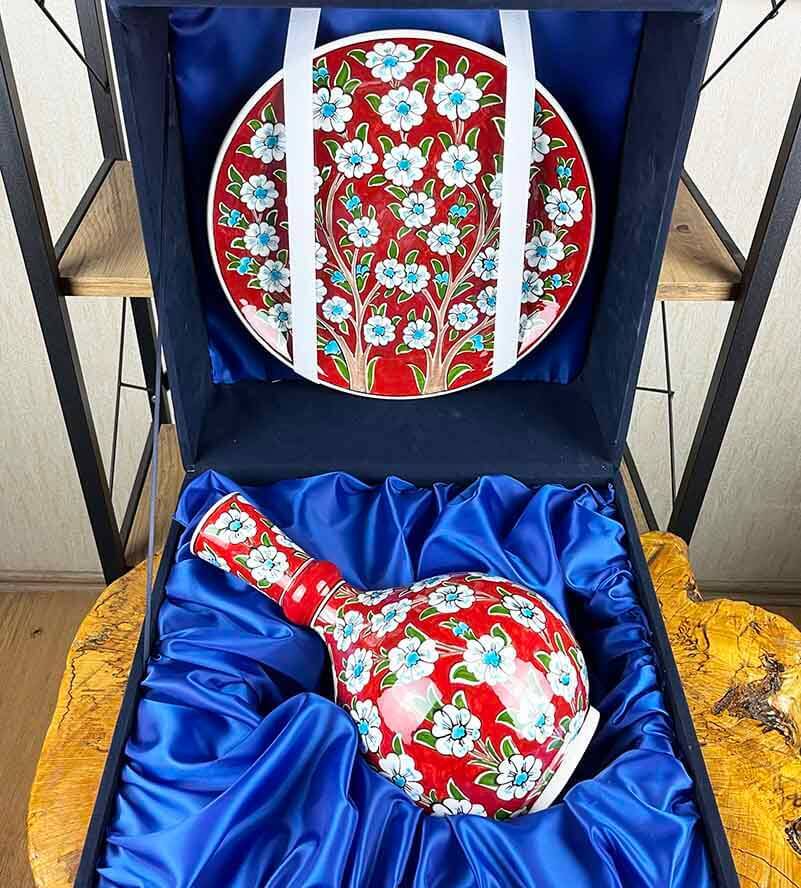 Kırmızı Hayat Ağacı – İznik Çini Vazo Tabak Seti - 2