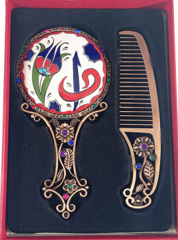 Lale, Elif ve Vav Motifli Ayna Seti - Çini Evi