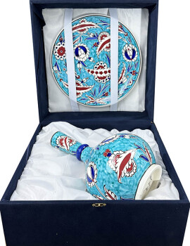 Lotus Motif Iznik Ceramic Vase and Plate Set - 4