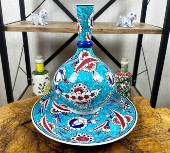 Lotus Motifli İznik Çini Vazo Tabak Set - Çini Evi