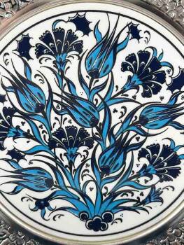 Mavi Lale ve Karanfil Gümüş Tabak 25cm - Çini Evi (1)