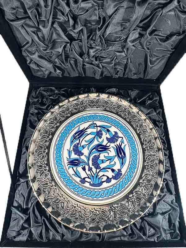 Mavi Lale ve Karanfil Gümüş Tabak 25cm - 3