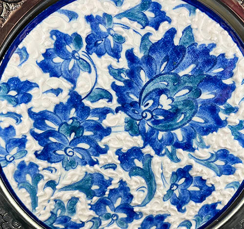 Mavi Lotus Motifli Gümüş Çini Tabak - 2