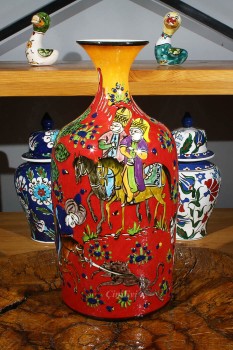 Miniature Hunting Scene Motif Iznik Vase - Çini Evi