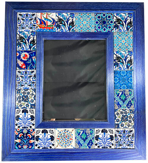Miroir à cadre bleu avec motifs de céramique - 1