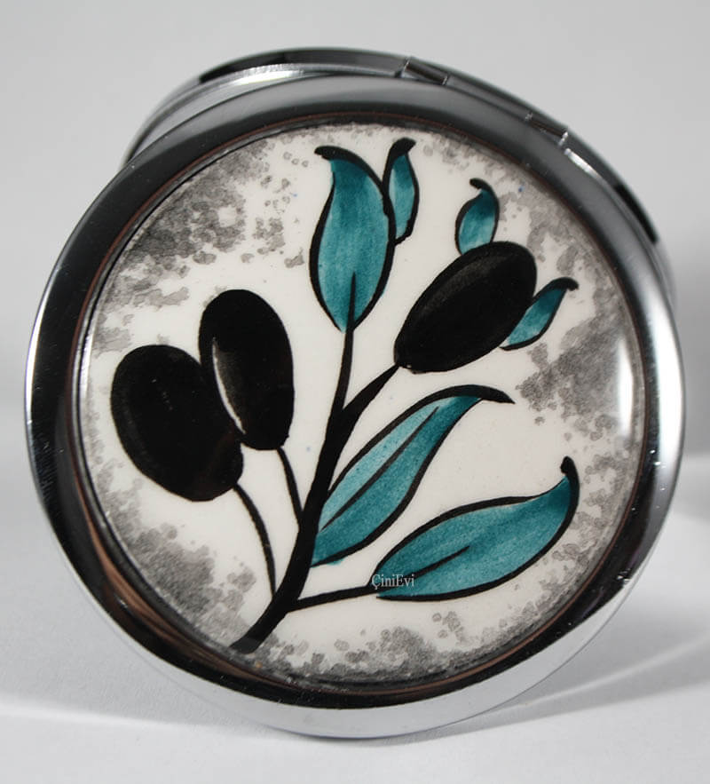 Miroir de maquillage en poterie Iznik Branche d'olivier - 1