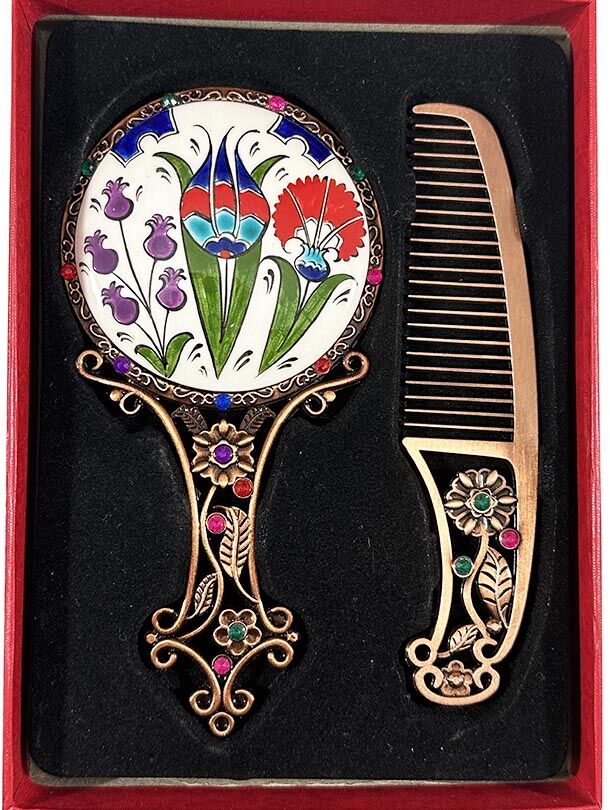 Miroir et Peigne à Motifs Tulipe, Œillet et Jacinthe – Élégant Coffret Cadeau Inspiré de l’Art d’Iznik - 1
