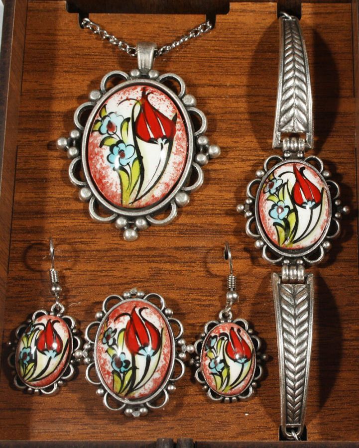 Mother's Gift Red Tulip Pattern Iznik Jewelry Set - 2