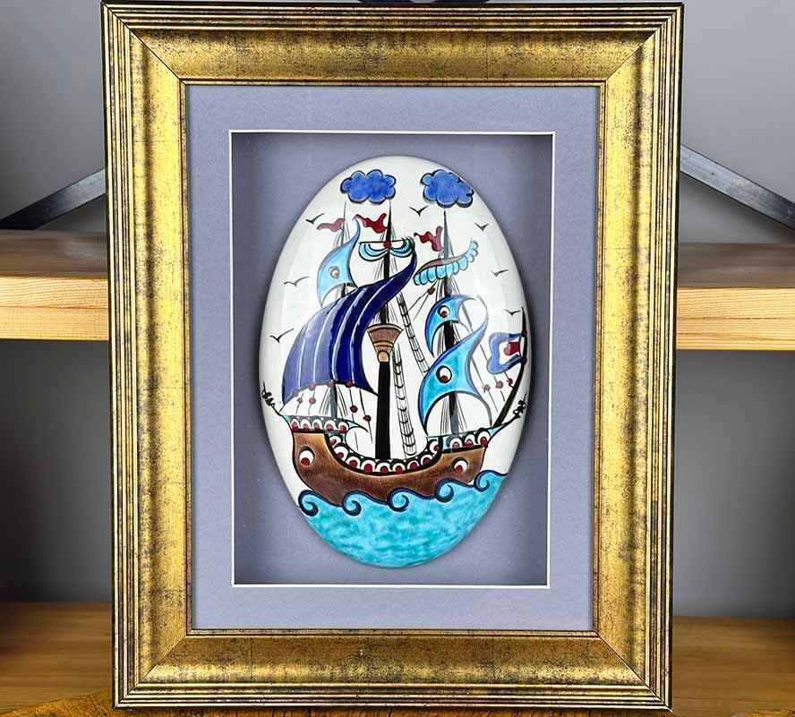 Naval Remembrance - Ottoman Galley Motif Handmade Iznik Ceramic Panel - 1