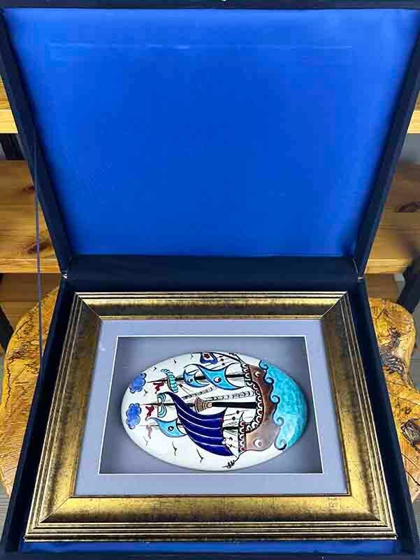 Navy Tribute – Handmade Framed Iznik Tile Panel with Ottoman Galleon Motif - 3