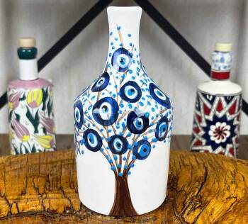 Nazar Boncuklu Hayat Ağacı Desenli El İşi Zeytinyağı Şişesi 410 ml - Çini Evi